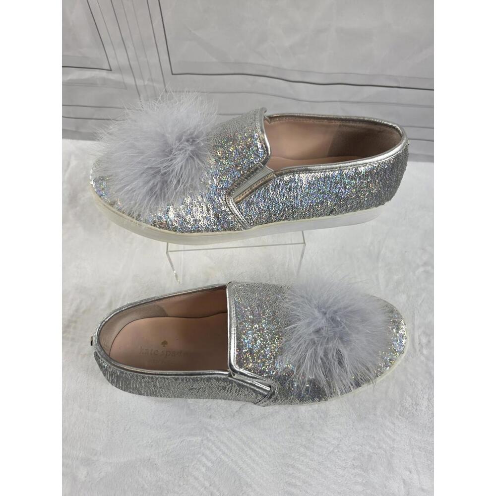 Kate Spade New York Latisa Slip On Sneakers Sliver Glitter Feather Poms 10M